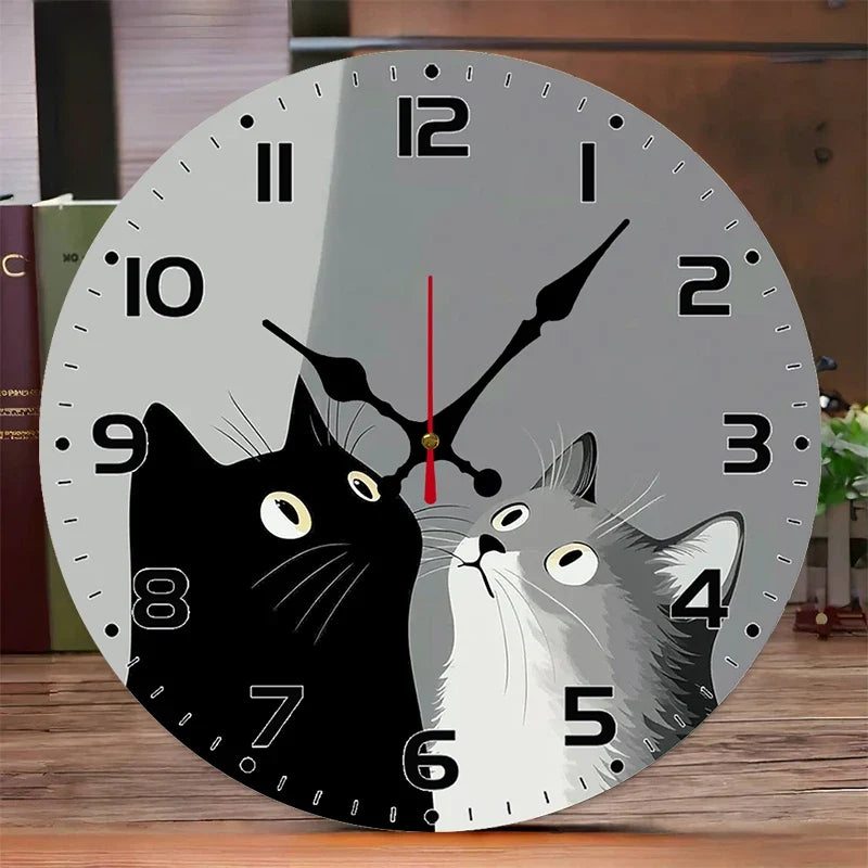 Horloge Murale Silencieuse Chats Noir Et Blanc En Bois