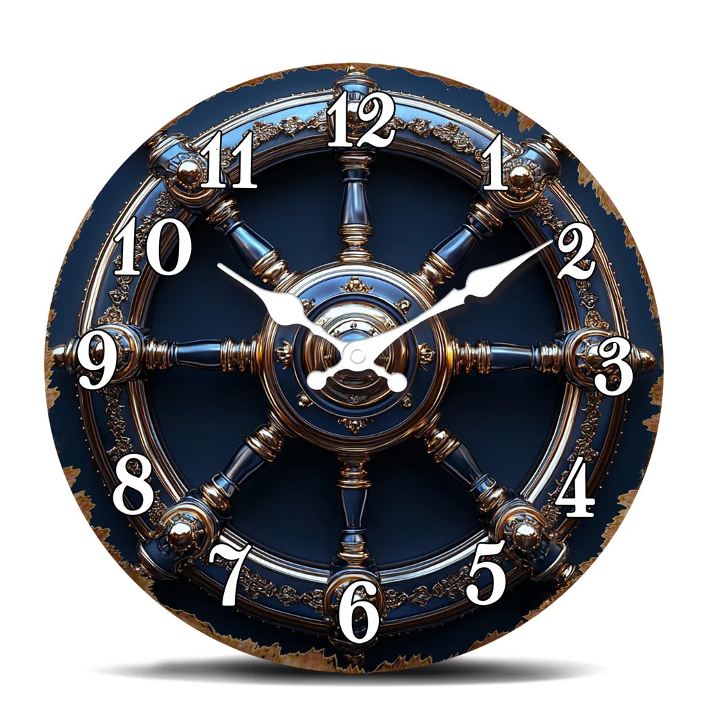 Horloge Murale Design Roue de Navire Or et Bleu
