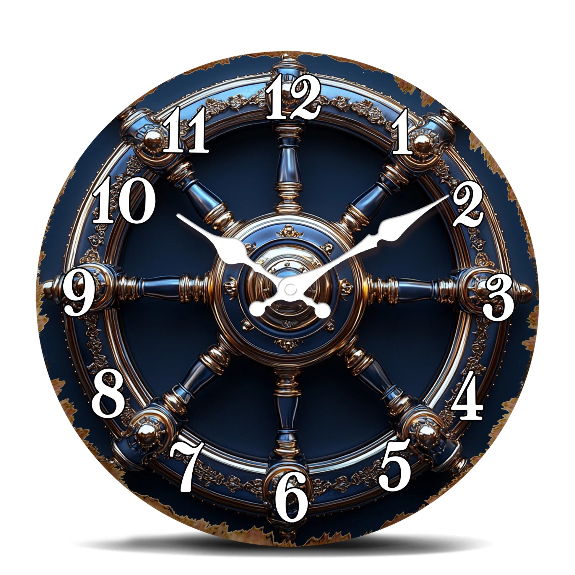 Horloge Murale Design Roue de Navire Or et Bleu