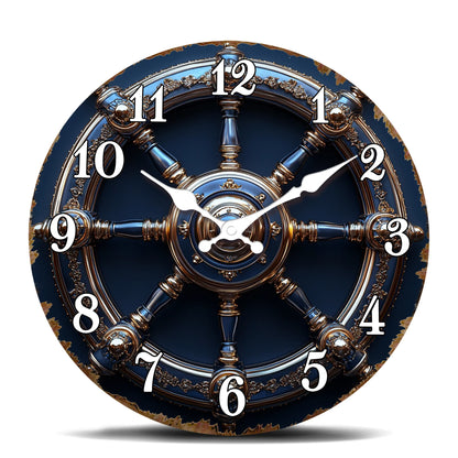 Horloge Murale Design Roue de Navire Or et Bleu