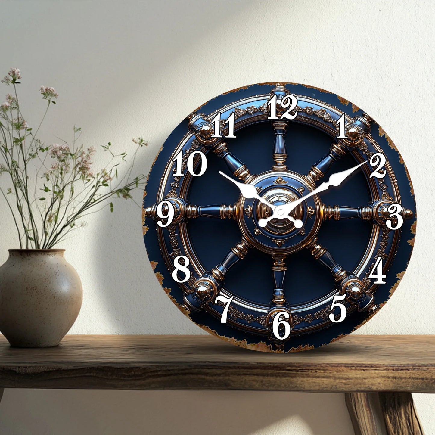 Horloge Murale Design Roue de Navire Or et Bleu