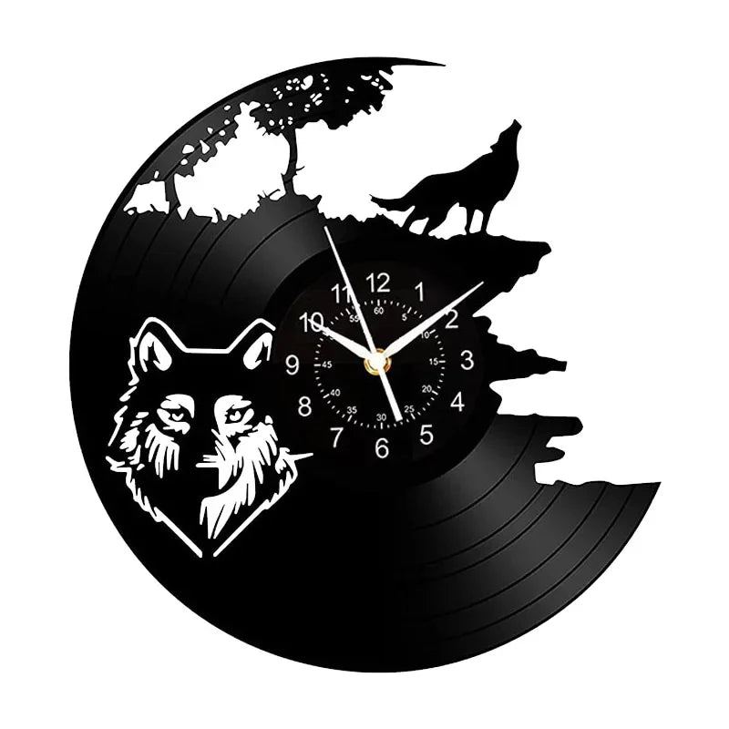Horloge Murale Design Loup Rugissant Vinyle Noir Art Déco