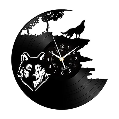 Horloge Murale Design Loup Rugissant Vinyle Noir Art Déco