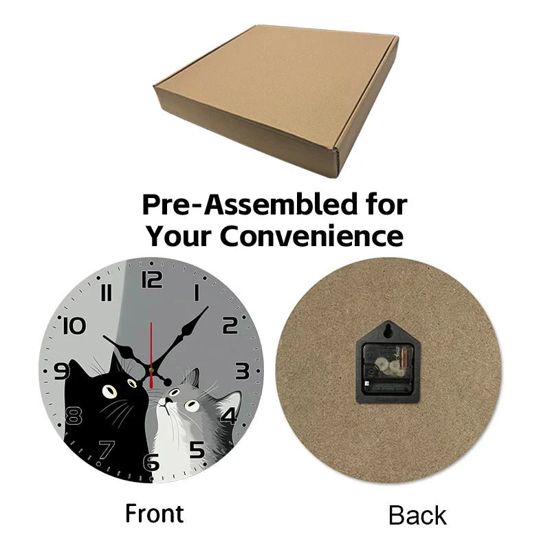 Horloge Murale Silencieuse Chats Noir Et Blanc En Bois