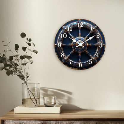 Horloge Murale Design Roue de Navire Or et Bleu