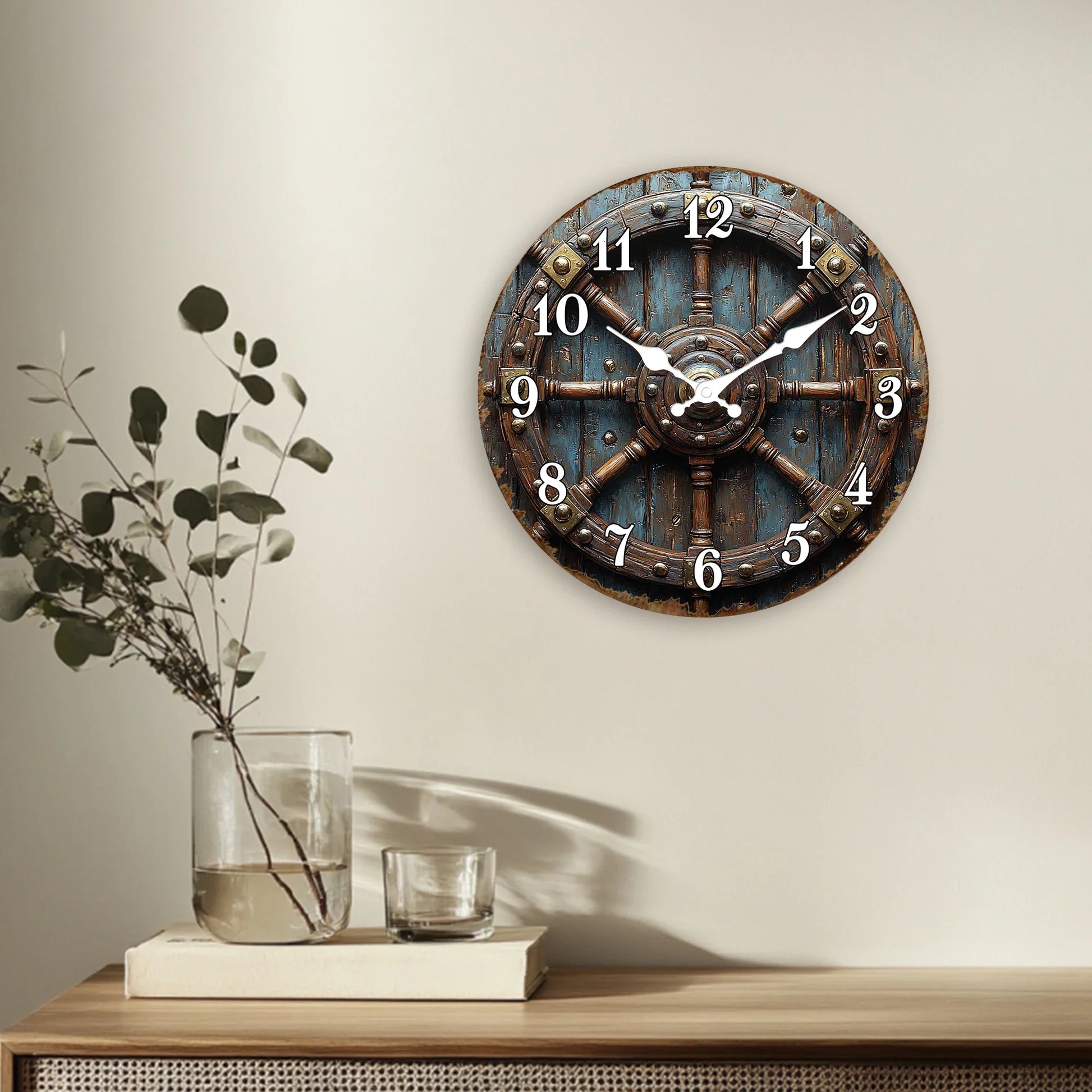 Horloge Murale Vintage Roue de Navire Déco Nautique