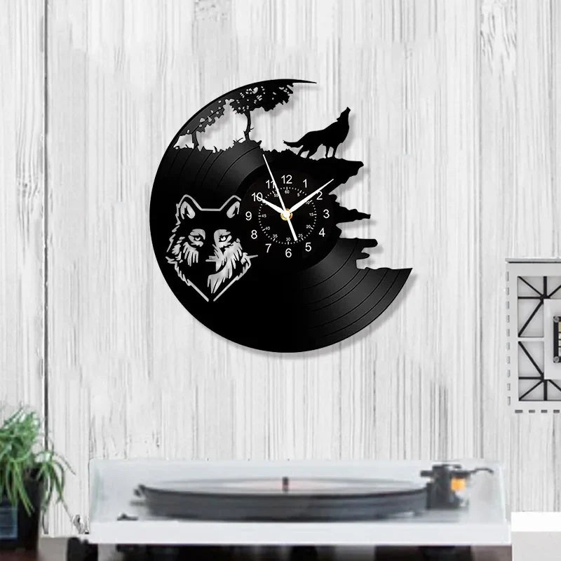 Horloge Murale Design Loup Rugissant Vinyle Noir Art Déco
