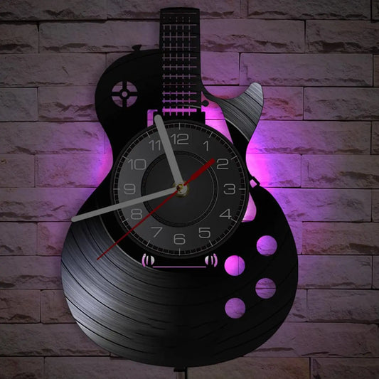 Horloge Murale LED Design Vinyle Guitare Noire