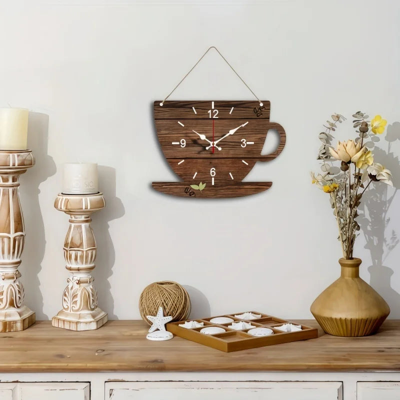 Horloge Murale Silencieuse Bois Forme Tasse de Café