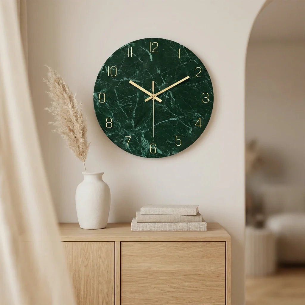 Horloge Murale en Verre Effet Marbre Emeraude Foncé