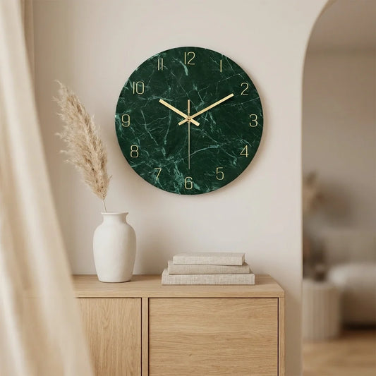 Horloge Murale en Verre Effet Marbre Emeraude Foncé