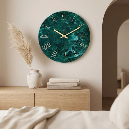 Horloge Murale en Verre Effet Marbre Emeraude